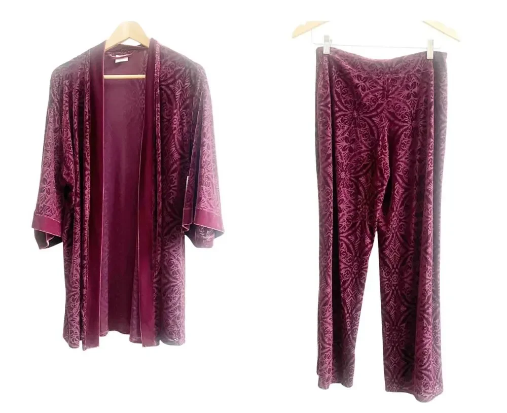 Soma Burnout Pajama Set Women's S/M Merlot Velvet Open Front Luxury Loungewear